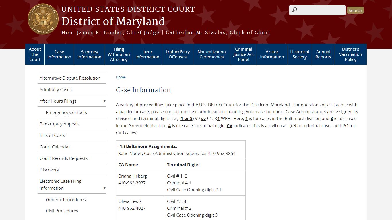 Case Information | District of Maryland | United States District Court